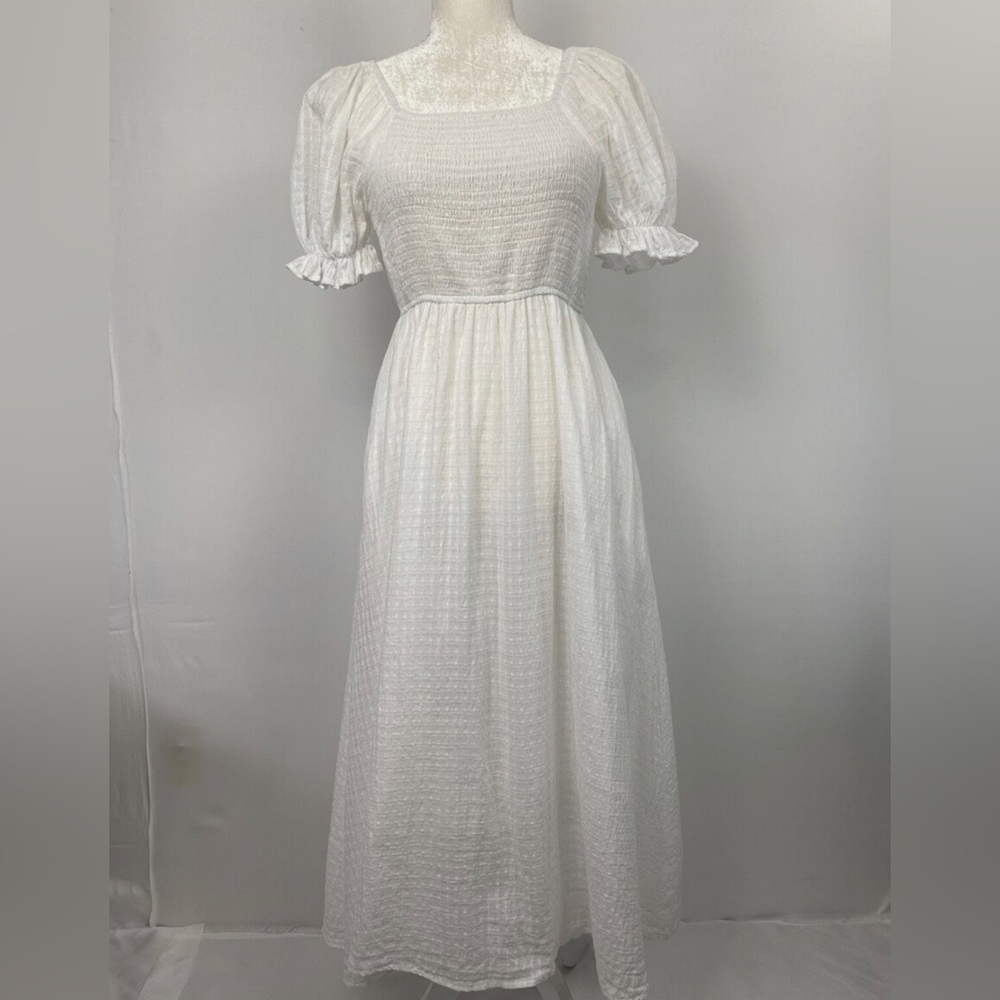 White smocked cotton midi dress